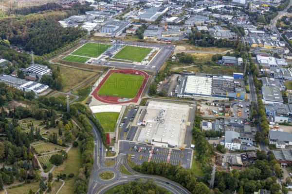 Aerial view, new Oberliga stadium, EMKA Sportzentrum Velbert, Röttgen, Velbert, Ruhr area, North