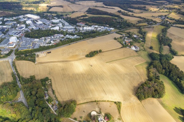 Aerial view, farmland Großes Feld, planned industrial area, Langenberger Straße, construction site,