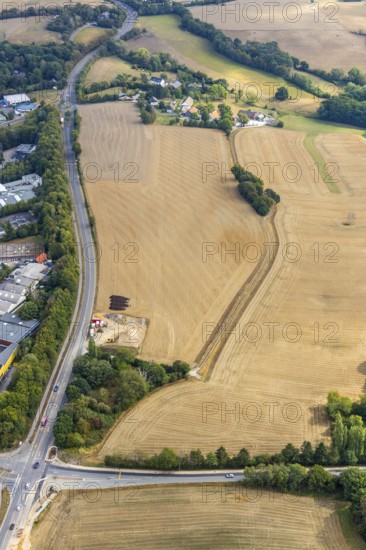 Aerial view, farmland Großes Feld, planned industrial area, Langenberger Straße, construction site,