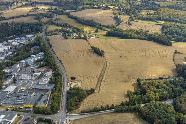 Aerial view, farmland Großes Feld, planned industrial area, Langenberger Straße, construction site,