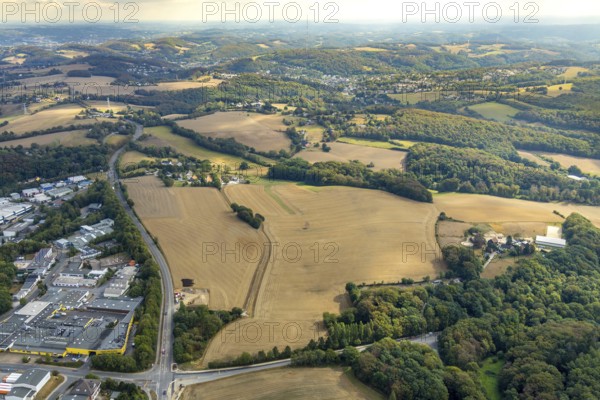 Aerial view, farmland Großes Feld, planned industrial area, Langenberger Straße, construction site,