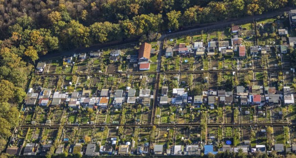Aerial view, Gartenbauverein Bergmannslust e.V., Möllen, Voerde, Ruhr area, North Rhine-Westphalia,