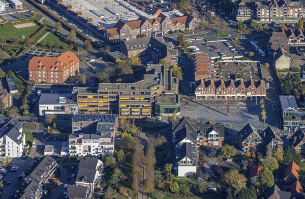 Aerial view, town hall Voerde, town hall square, hotel Niederrhein, Voerde, North Rhine-Westphalia,