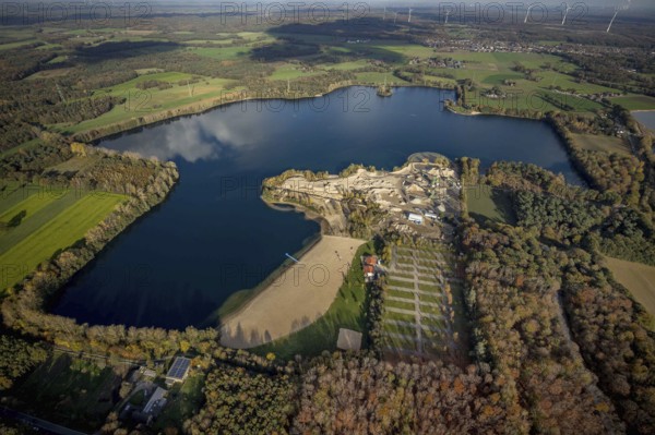 Aerial view, Tenderingssee, lido, gravel works, Möllen, Voerde, Ruhr area, North Rhine-Westphalia,