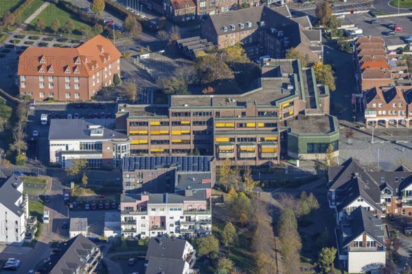 Aerial view, town hall Voerde, town hall square, hotel Niederrhein, Voerde, North Rhine-Westphalia,