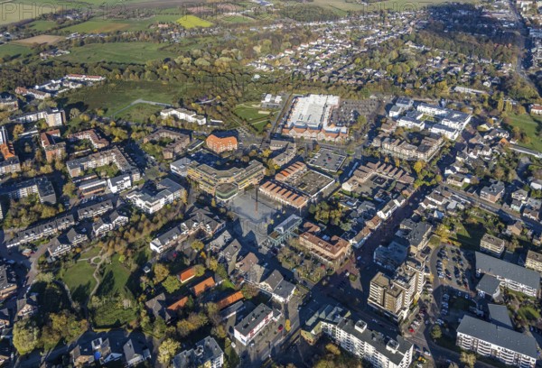 Aerial photo, town hall Voerde, town hall square, Hotel Niederrhein, Senioren-Park carpe diem