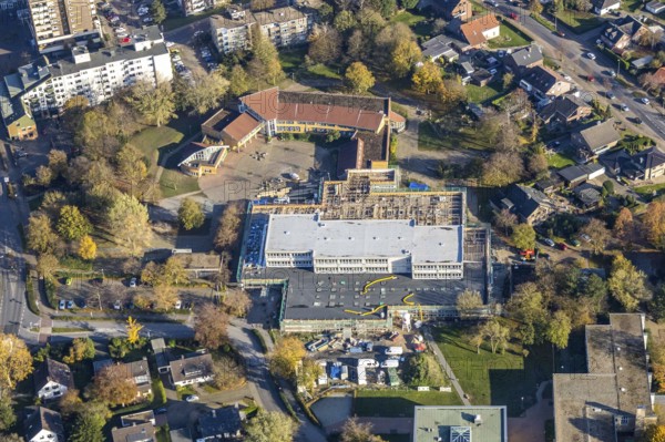 Aerial view, construction site new building Comenius comprehensive school Voerde, Voerde, Ruhr