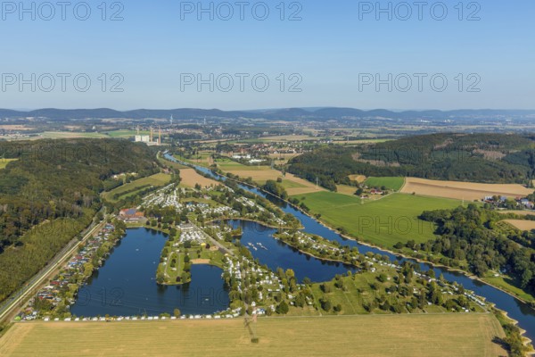 Aerial photo, family campsite Borlefzen, river Weser, Uffeln, Vlotho, OWL, Ostwestfalen-Lippe, East