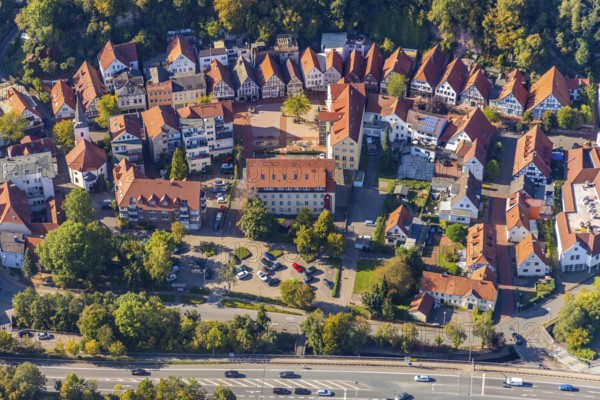 Aerial view, local view, residential area at the edge of the forest Langestraße, Vlotho, OWL,