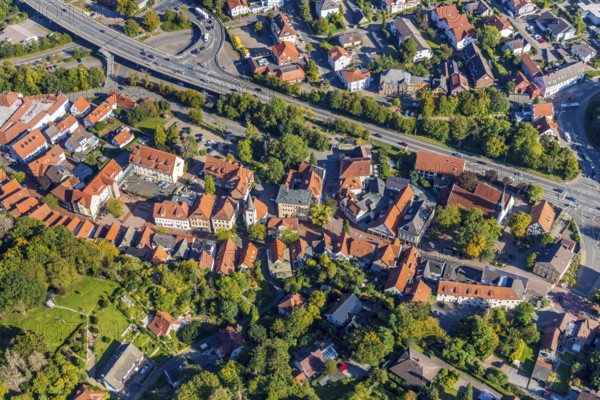 Aerial view, local view, residential area at the edge of the forest Langestraße, Vlotho, OWL,