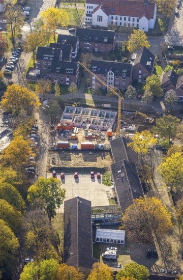 Aerial view, former Parkschule, construction site and new construction of rental flats for disabled
