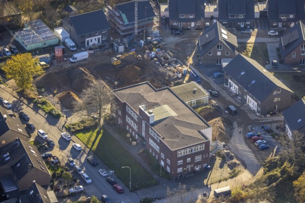 Aerial view, VHS Neukirchen-Vluyn, construction site, new building, residential area, Vluyn,