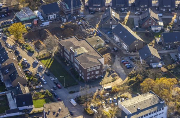Aerial view, VHS Neukirchen-Vluyn, construction site, new building, residential area, Vluyn,