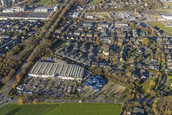 Aerial view, commercial area Lintorfer Straße, toom Baumarkt, Krämer MEGA STORE, Inneboltstraße,