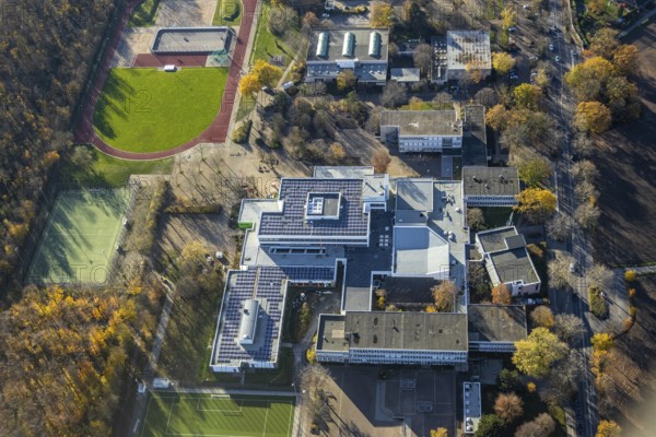 Aerial photo, school centre, Julius-Stursberg-Gymnasium, solar system, Neukirchen,