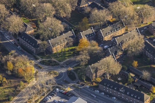 Aerial view, residential area Bergwerkssiedlung Etzoldplatz, Vluyn, Neukirchen-Vluyn, Ruhr area,