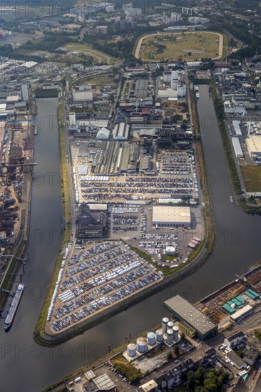 Aerial photo, harbour area, harbour facilities, Obererft, Neuss, city limits Düsseldorf, Rhineland,
