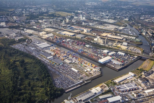 Aerial photo, harbour area, harbour facilities, Obererft, Neuss, city limits Düsseldorf, Rhineland,