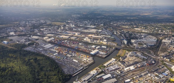Aerial photo, harbour area, harbour facilities, Obererft, Neuss, city limits Düsseldorf, Rhineland,