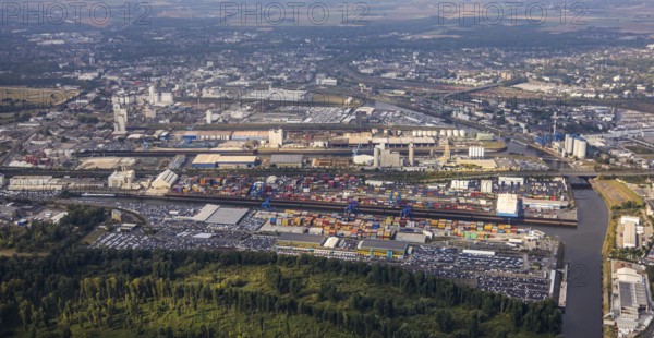 Aerial view, harbour area, harbour facilities, Contargo Neuss GmbH, container loading, container