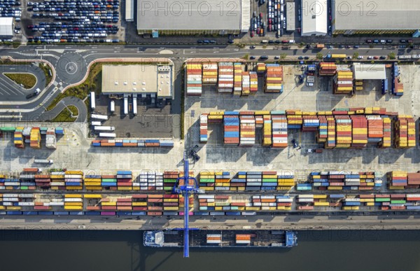 Aerial view, harbour area, harbour facilities, Contargo Neuss GmbH, container loading, container