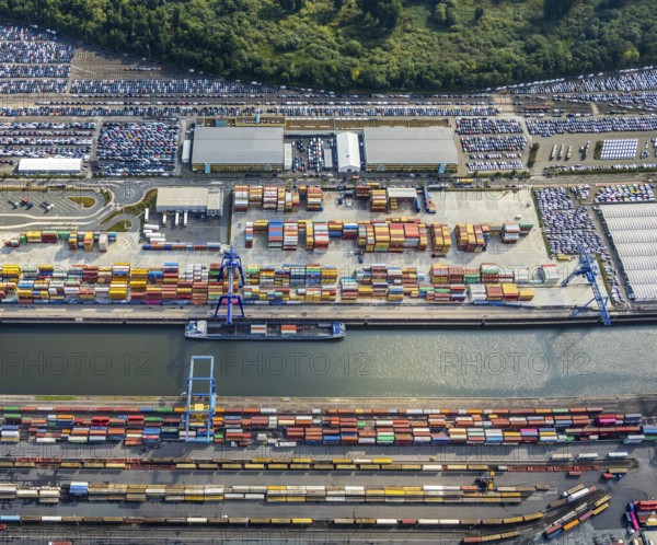 Aerial view, harbour area, harbour facilities, Contargo Neuss GmbH, container loading, container
