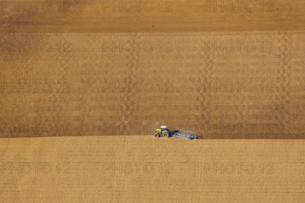 Aerial view, tractor in the field, harvest time, harrowing, Bergheim, Steinheim,