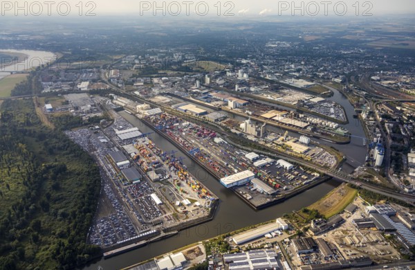 Aerial photo, harbour area, harbour facilities, Obererft, Neuss, city limits Düsseldorf, Rhineland,
