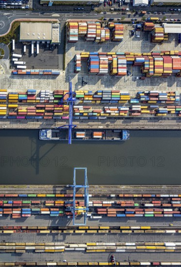 Aerial view, harbour area, harbour facilities, Contargo Neuss GmbH, container loading, container