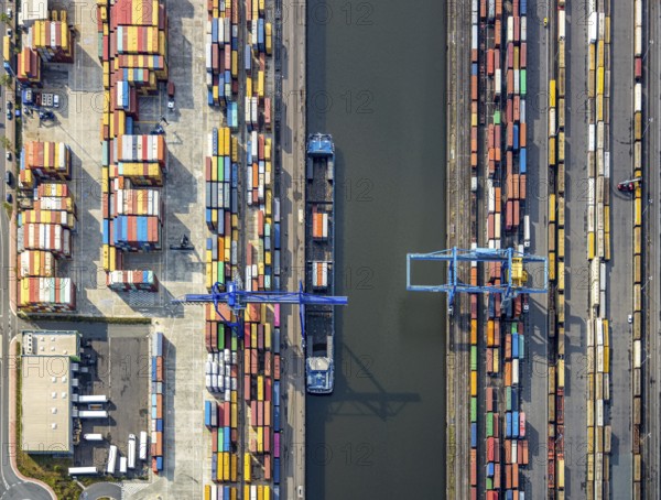 Aerial view, harbour area, harbour facilities, Contargo Neuss GmbH, container loading, container