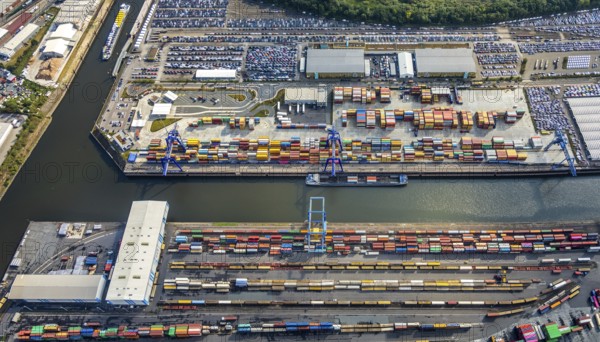 Aerial view, harbour area, harbour facilities, Contargo Neuss GmbH, container loading, container