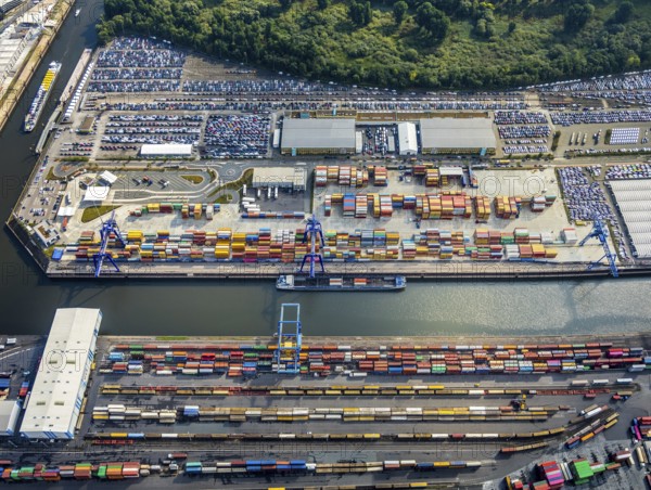 Aerial view, harbour area, harbour facilities, Contargo Neuss GmbH, container loading, container