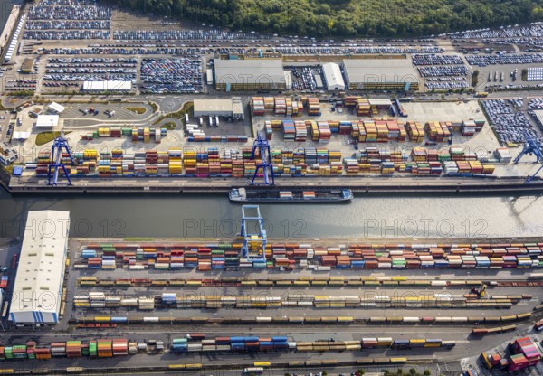 Aerial view, harbour area, harbour facilities, Contargo Neuss GmbH, container loading, container