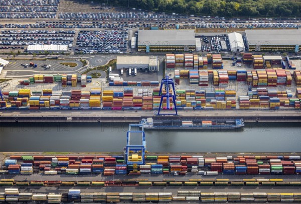 Aerial view, harbour area, harbour facilities, Contargo Neuss GmbH, container loading, container