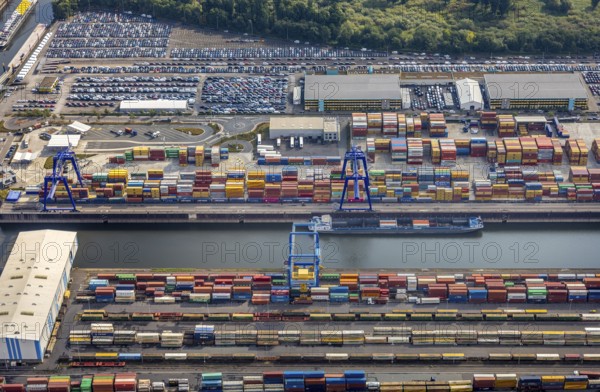 Aerial view, harbour area, harbour facilities, Contargo Neuss GmbH, container loading, container