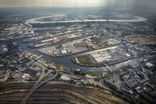Aerial photo, harbour area, harbour facilities, Obererft, Neuss, city limits Düsseldorf, Rhineland,