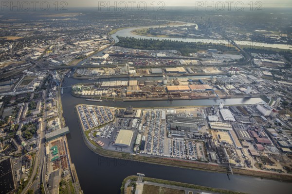 Aerial photo, harbour area, harbour facilities, Obererft, Neuss, city limits Düsseldorf, Rhineland,