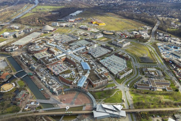Aerial view, Centro shopping centre, new building POCO Einrichtungsmarkt, yellow-red building,