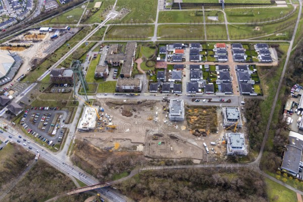 Aerial view, winding tower Osterfeld colliery pit Â½, new residential complex for senior citizens,