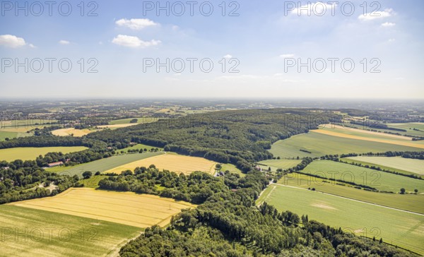Aerial view, Baumberge forest reserve, Hotel Steverburg, meadows and fields, Nottuln, Münsterland,