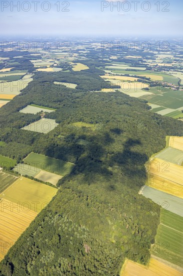 Aerial view, Baumberge forest reserve, meadows and fields, Nottuln, Münsterland, North