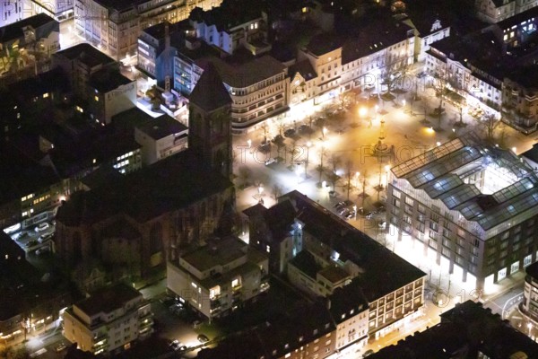 Aerial view, catholic church at the old market, old market, victory column, job centre, night shot,