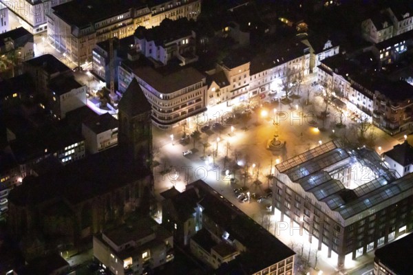 Aerial view, catholic church at the old market, old market, victory column, job centre, night shot,