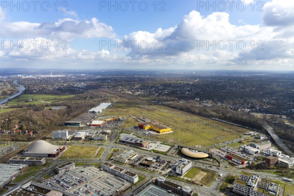 Aerial view, Centro shopping centre, new building POCO Einrichtungsmarkt, Neue Mitte, steelworks