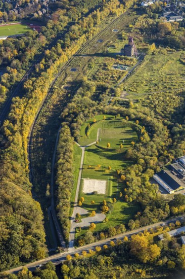Aerial view, tree circle, landscaping Sterkrade, area of the former Sterkrade colliery, football