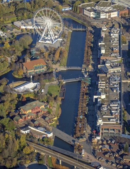 Aerial view, CentrO Promenade, CentrO Ferris wheel, canal, Marienviertel Ost, Oberhausen, Ruhr