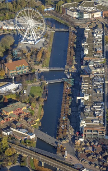 Aerial view, CentrO Promenade, CentrO Ferris wheel, canal, Marienviertel Ost, Oberhausen, Ruhr