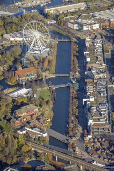 Aerial view, CentrO Promenade, CentrO Ferris wheel, canal, Marienviertel Ost, Oberhausen, Ruhr