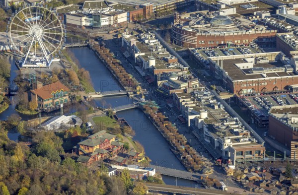 Aerial view, CentrO Promenade, CentrO Ferris wheel, canal, Marienviertel Ost, Oberhausen, Ruhr