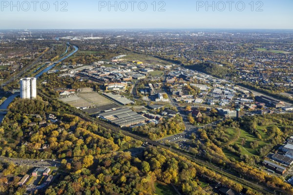 Aerial view, gasometer renovation, covered gasometer, CentrO Ferris wheel, Rhine-Herne Canal, River